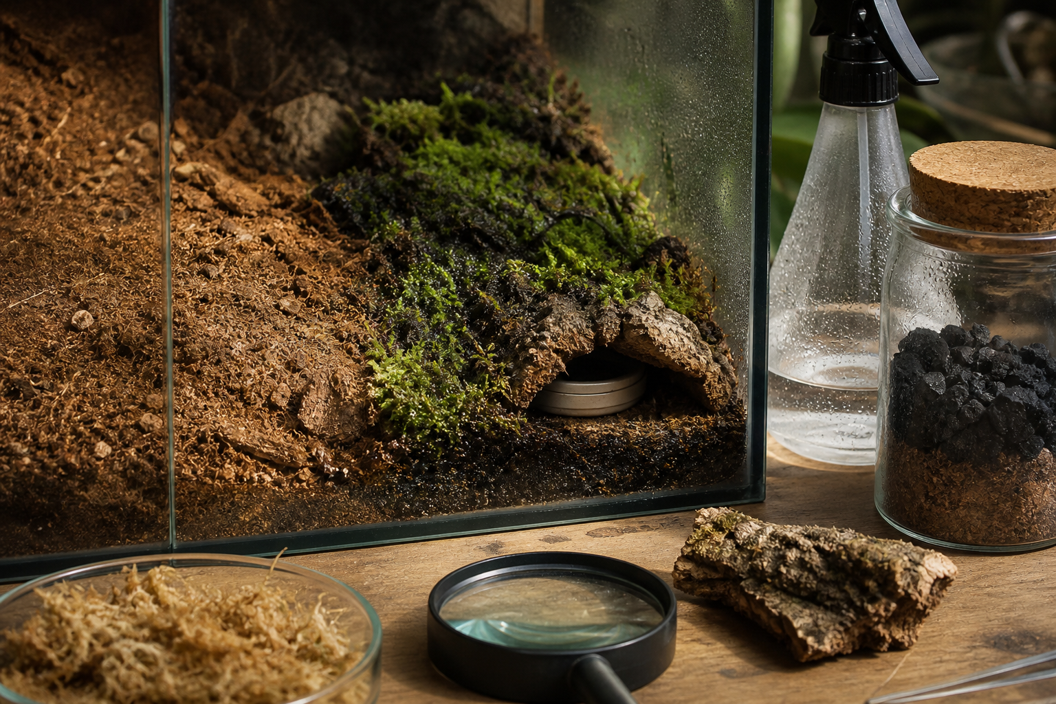 Terrarium habitat and care tools illustrating Springtail Culture Media: Charcoal, Clay, or Soil? - Isopod King