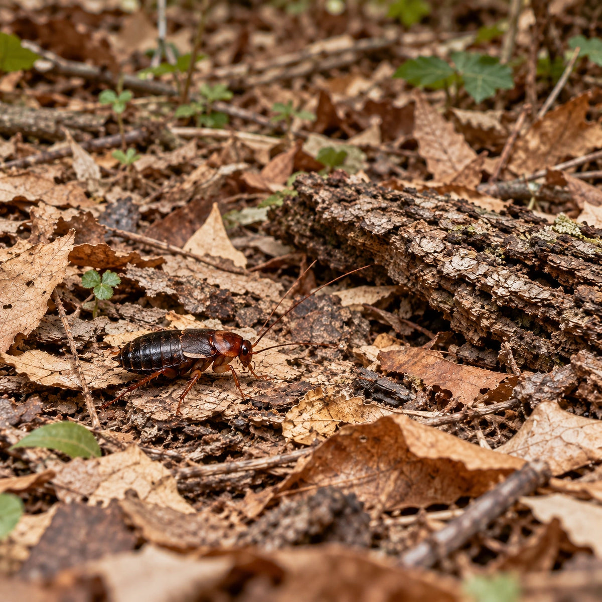 AI-generated reference-guided wide habitat view of adult female red runner roach (Blatta lateralis). Reference: Happy1892, Wikimedia Commons, CC BY-SA 3.0 https://creativecommons.org/licenses/by-sa/3.0/. AI adaptation: new habitat and framing.