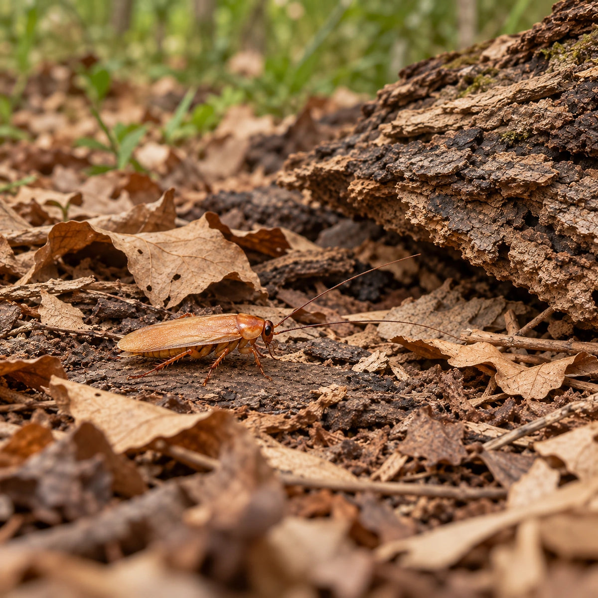 AI-generated reference-guided wide habitat view of adult male red runner roach (Blatta lateralis). Reference: Happy1892, Wikimedia Commons, CC BY-SA 3.0 https://creativecommons.org/licenses/by-sa/3.0/. AI adaptation: new habitat and framing.