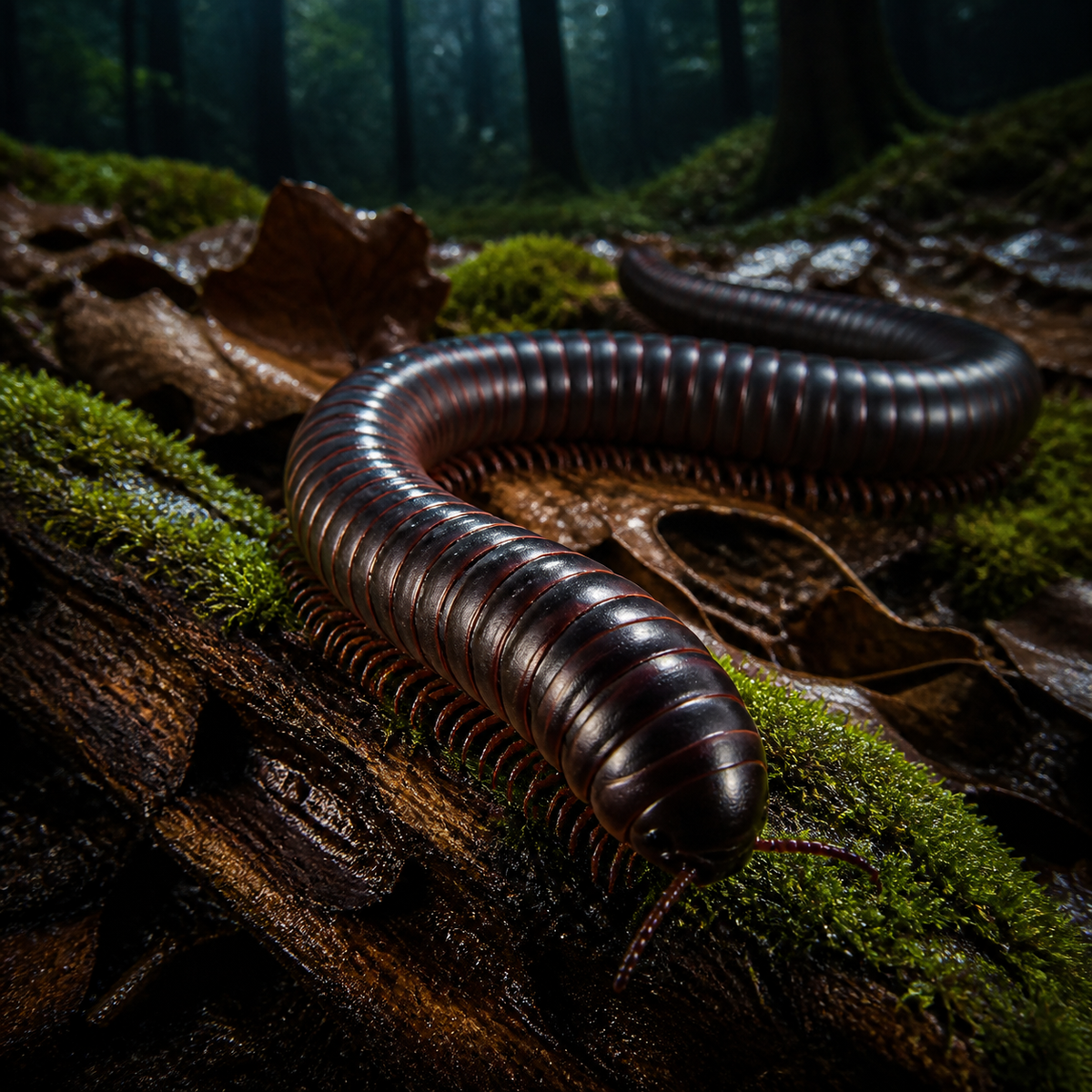 American Giant millipede from the Narceus americanus species complex on leaf litter