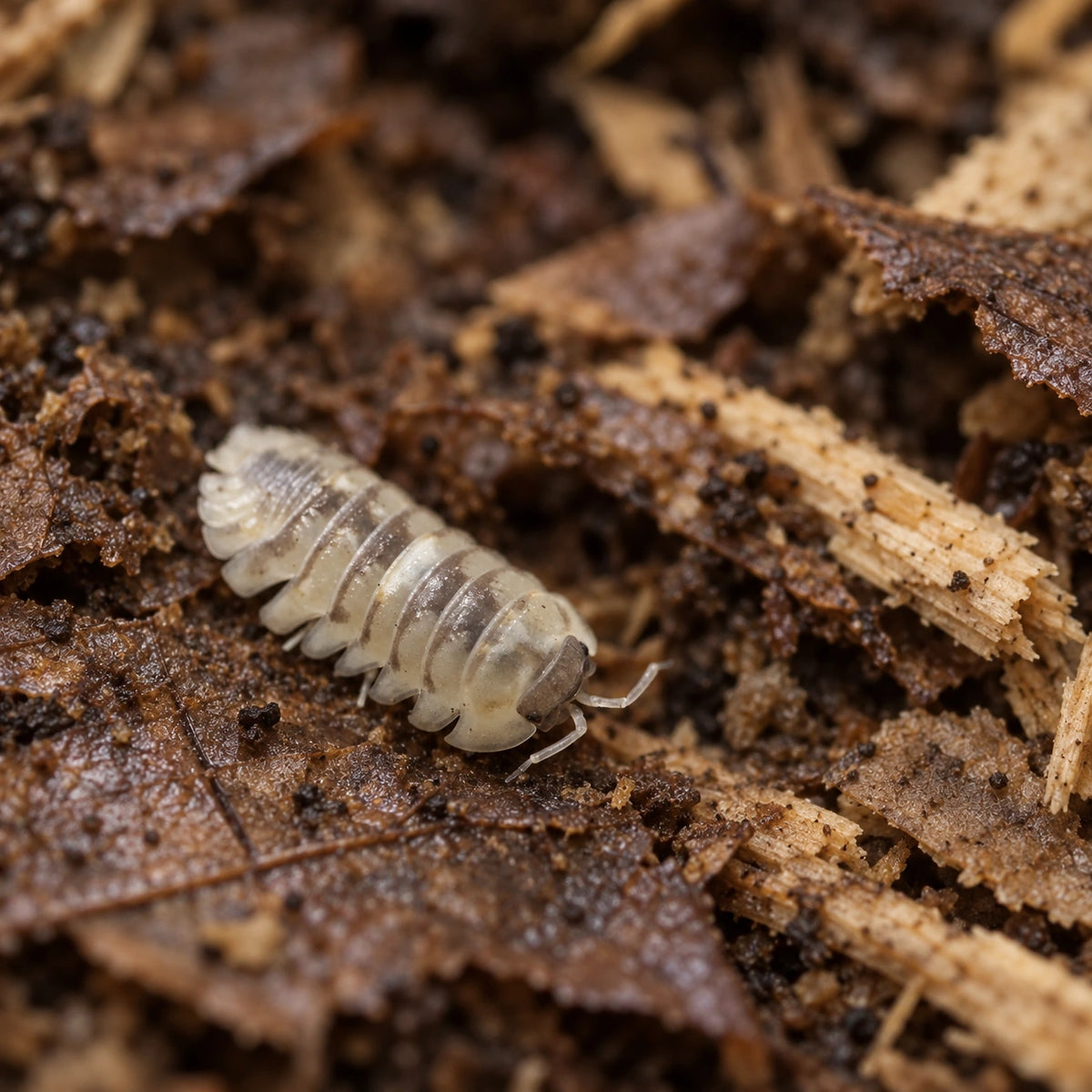 AI-generated reference-guided wide habitat view of an Armadillidium espanyoli Marbleized isopod.