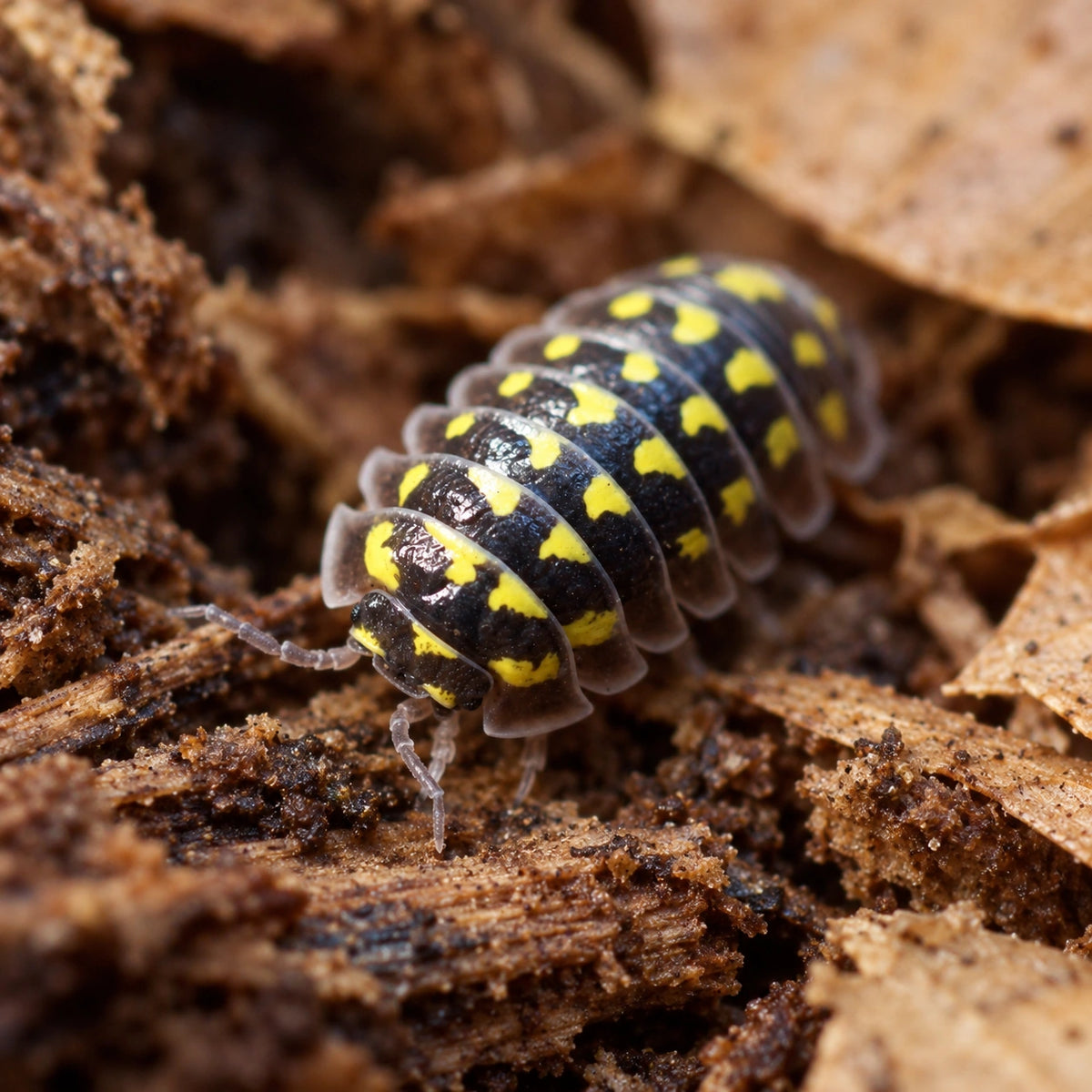 AI-generated reference-guided close view of an Armadillidium gestroi isopod with natural yellow markings.