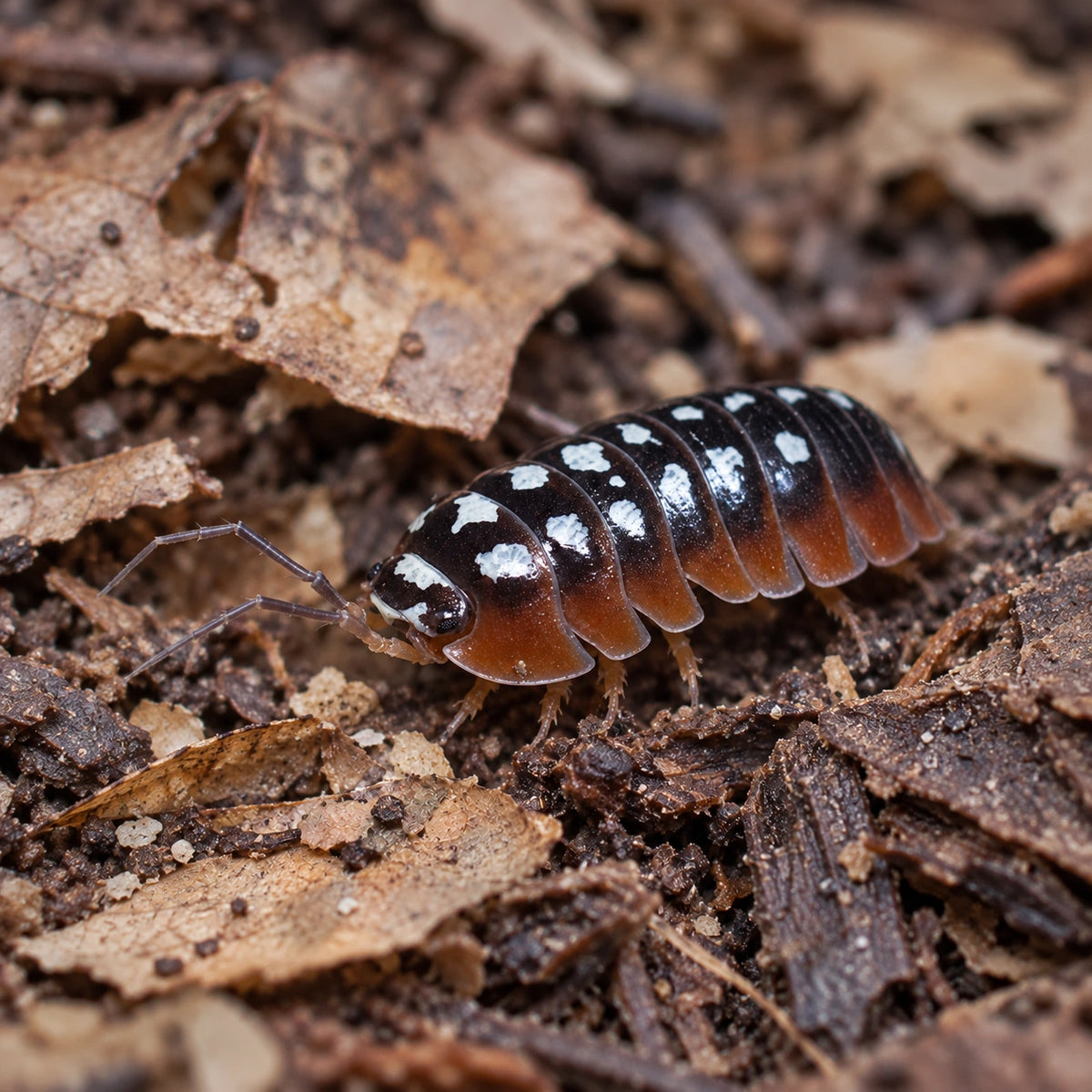 AI-generated reference-guided close side view of an Armadillidium klugii Dubrovnik isopod.