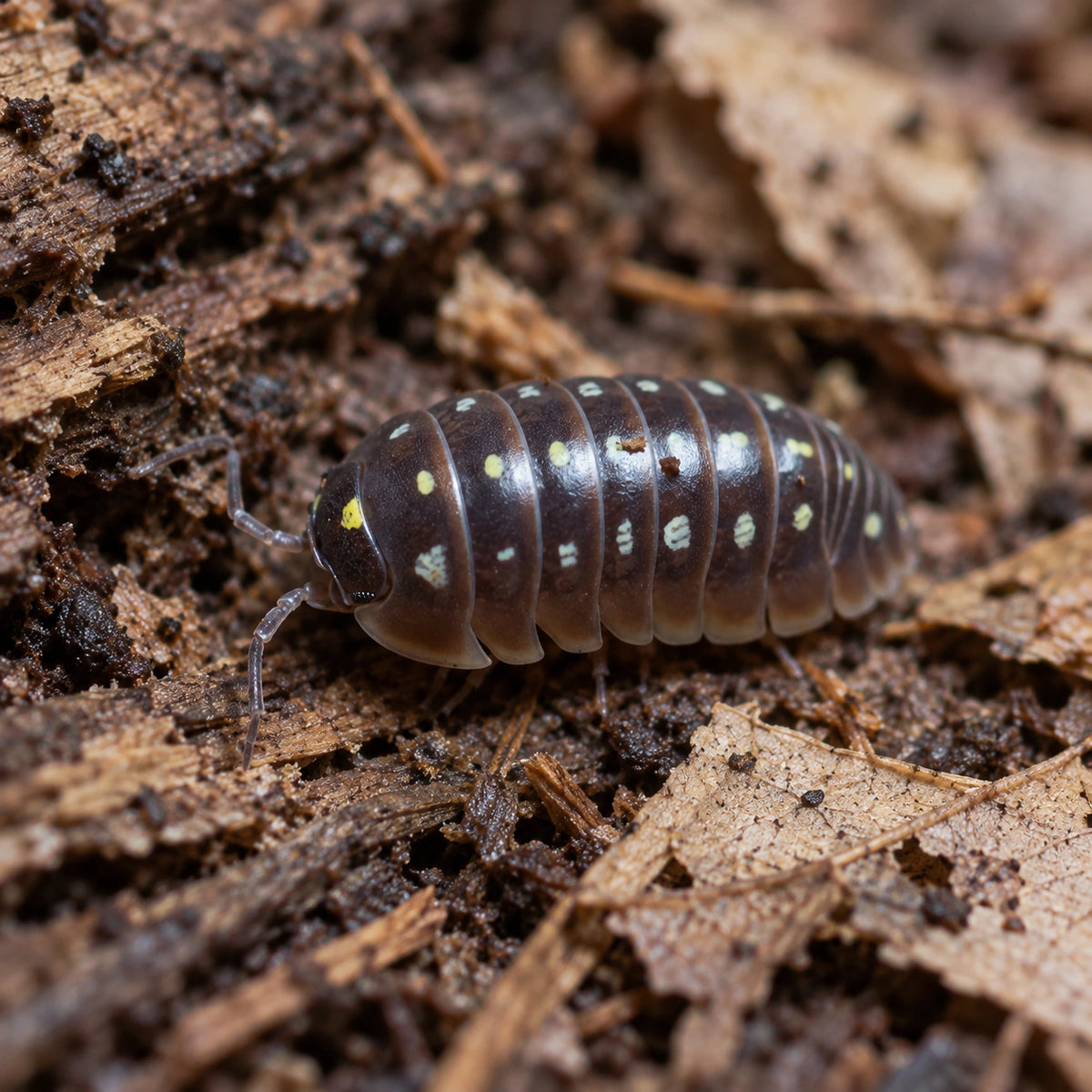 AI-generated reference-guided close side view of an Armadillidium klugii Pudding isopod.