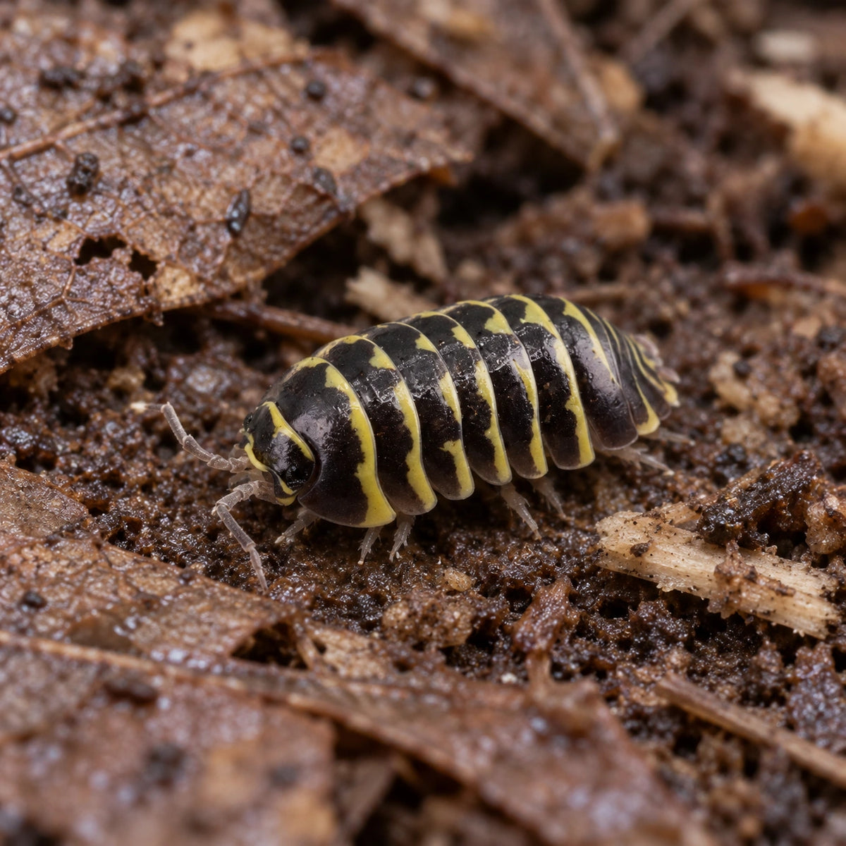 AI-generated reference-guided close view of Yellow Zebra isopods.