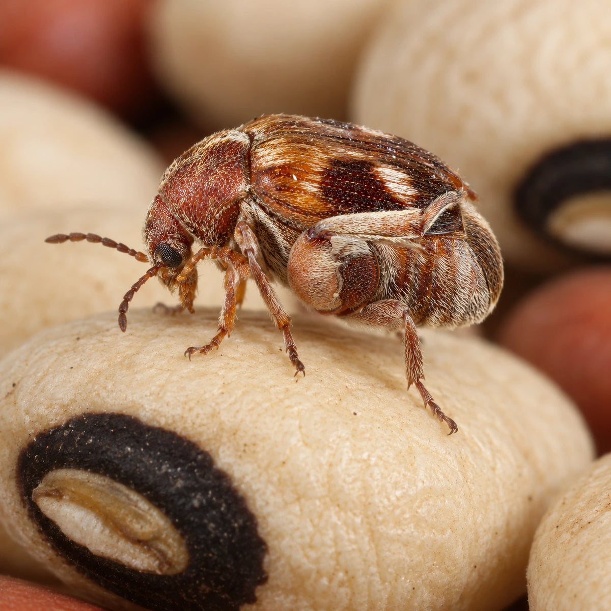 AI-generated reference-guided close view of bean beetle (Callosobruchus maculatus). References: Charles Fox (limbatus), CC BY 2.0 https://creativecommons.org/licenses/by/2.0/; Simon Hinkley and Ken Walker, Museum Victoria, CC BY 3.0 AU https://creativecommons.org/licenses/by/3.0/au/. AI changes: scene and framing.
