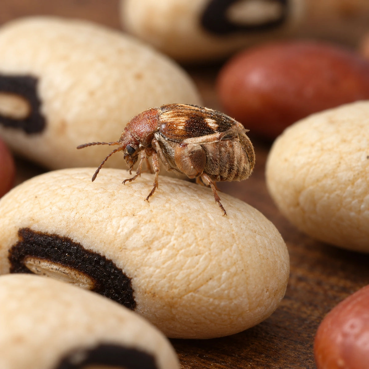 AI-generated reference-guided wide habitat view of bean beetle (Callosobruchus maculatus). References: Charles Fox (limbatus), CC BY 2.0 https://creativecommons.org/licenses/by/2.0/; Simon Hinkley and Ken Walker, Museum Victoria, CC BY 3.0 AU https://creativecommons.org/licenses/by/3.0/au/. AI changes: scene and framing.
