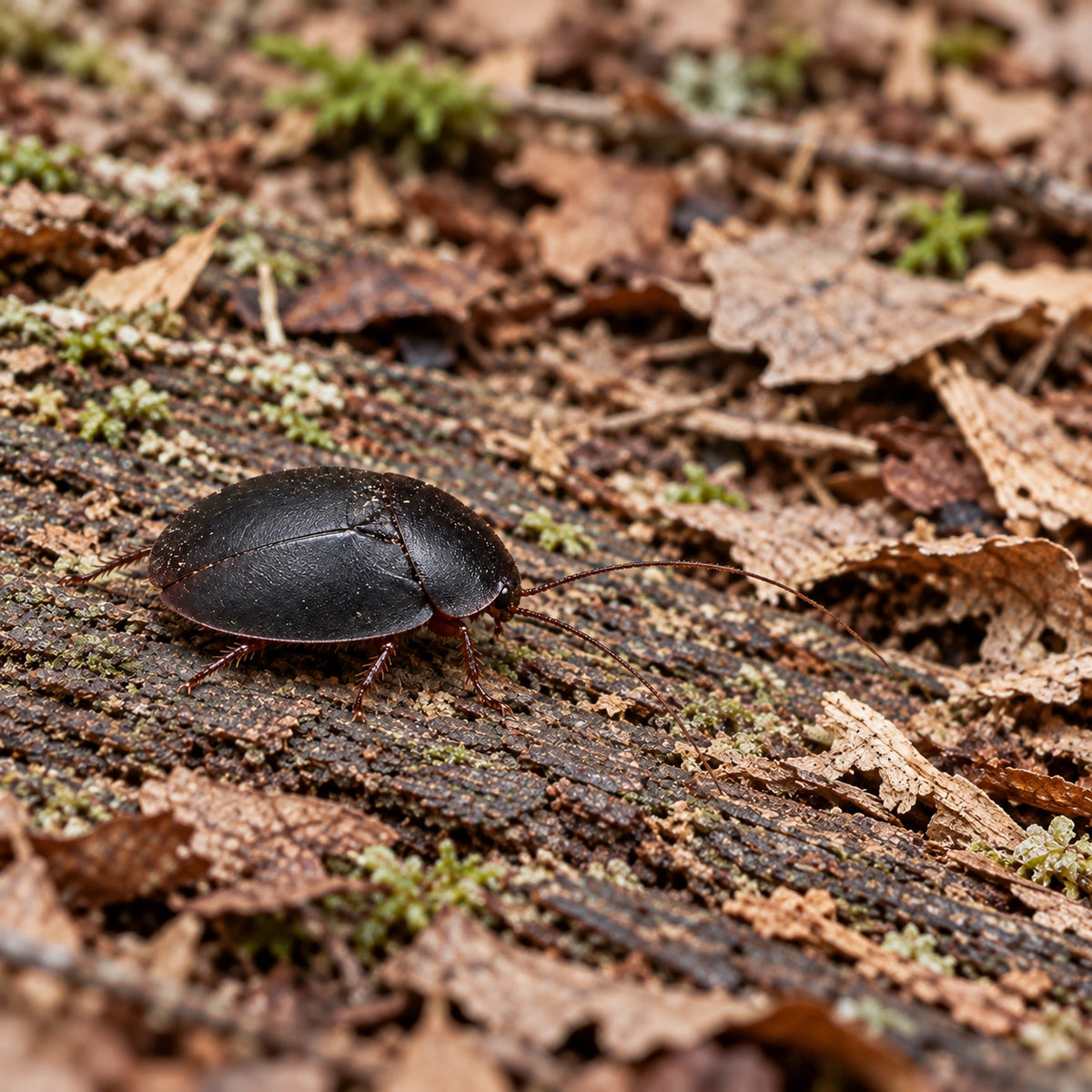 AI-generated reference-guided wide habitat view of female beetle mimic roach (Ergaula pilosa). Real anatomy reference: Roach Crossing. AI-generated new habitat and framing.