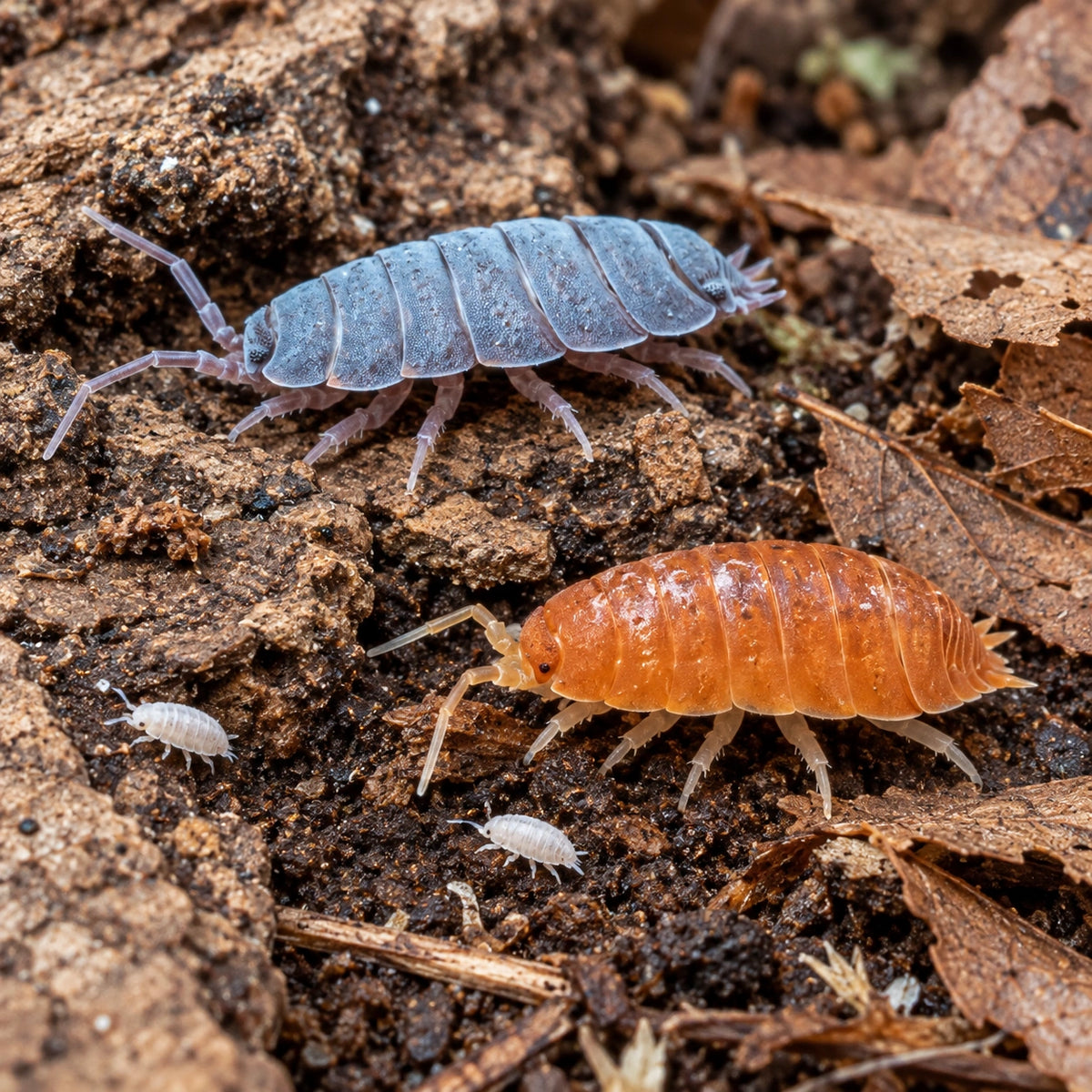 AI-generated reference-guided examples of Powder Blue, Powder Orange and Dwarf White isopods in a variable cleanup-crew mix. Species and proportions vary by batch.