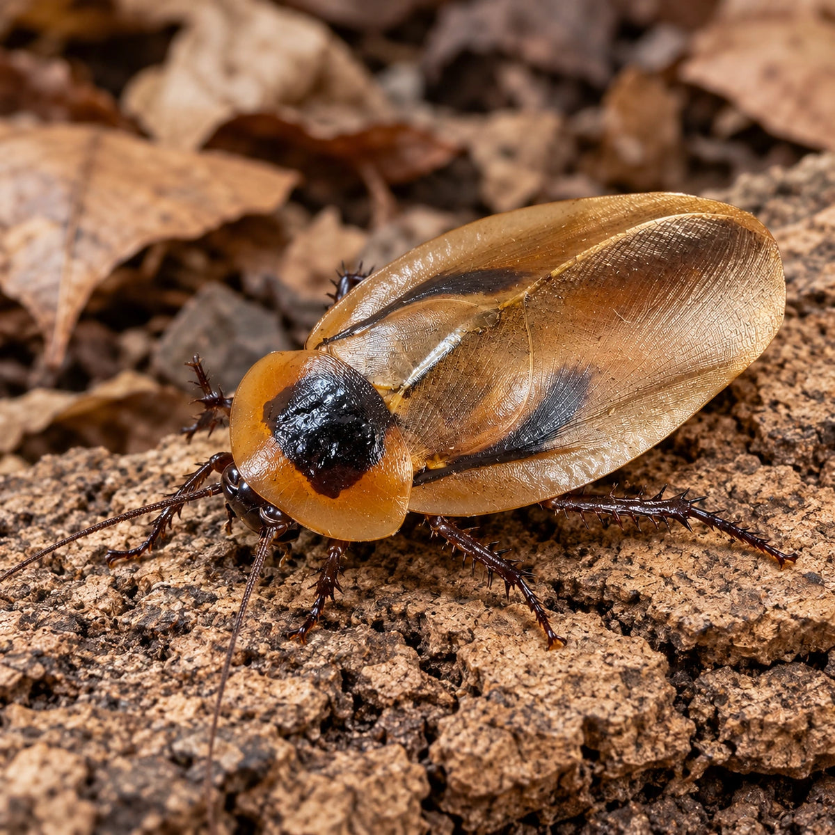 AI-generated reference-guided close view of adult Blaberus parabolicus Colombia cockroach. Real anatomy reference: TC Insects. AI-generated independent habitat and framing.