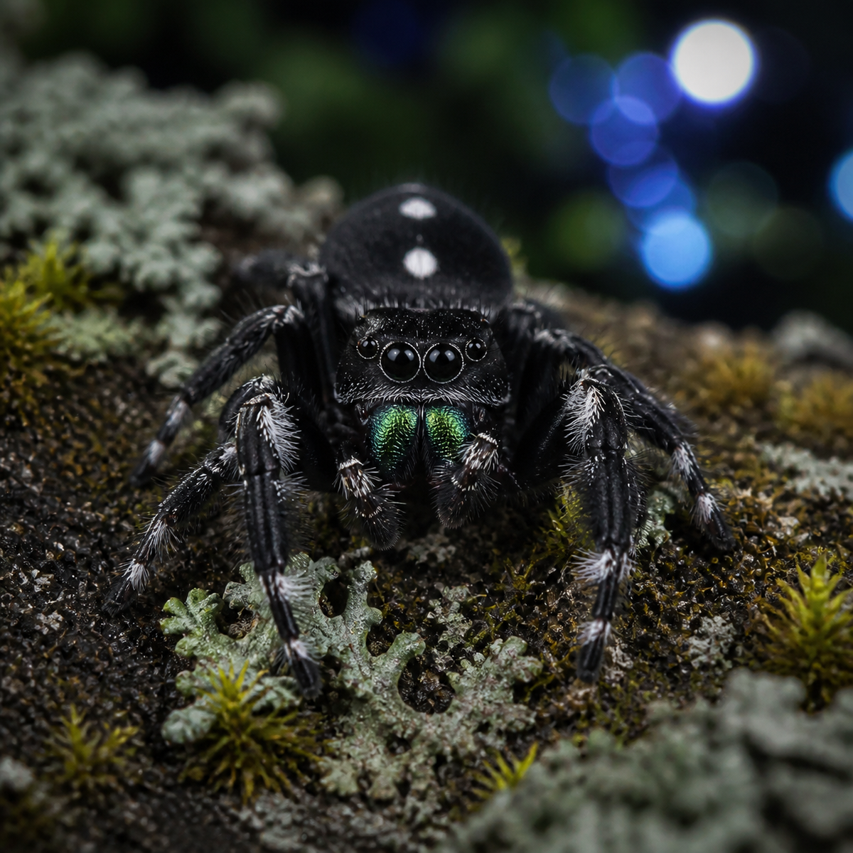 Bold jumping spider (Phidippus audax) with iridescent chelicerae
