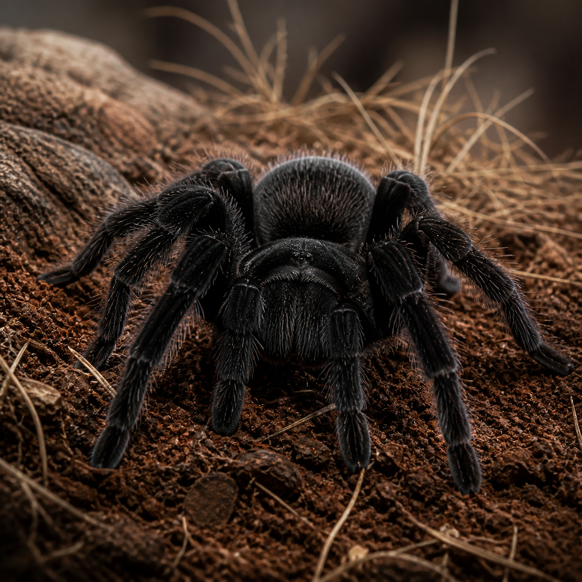 Brazilian Black tarantula (Grammostola pulchra) on natural substrate
