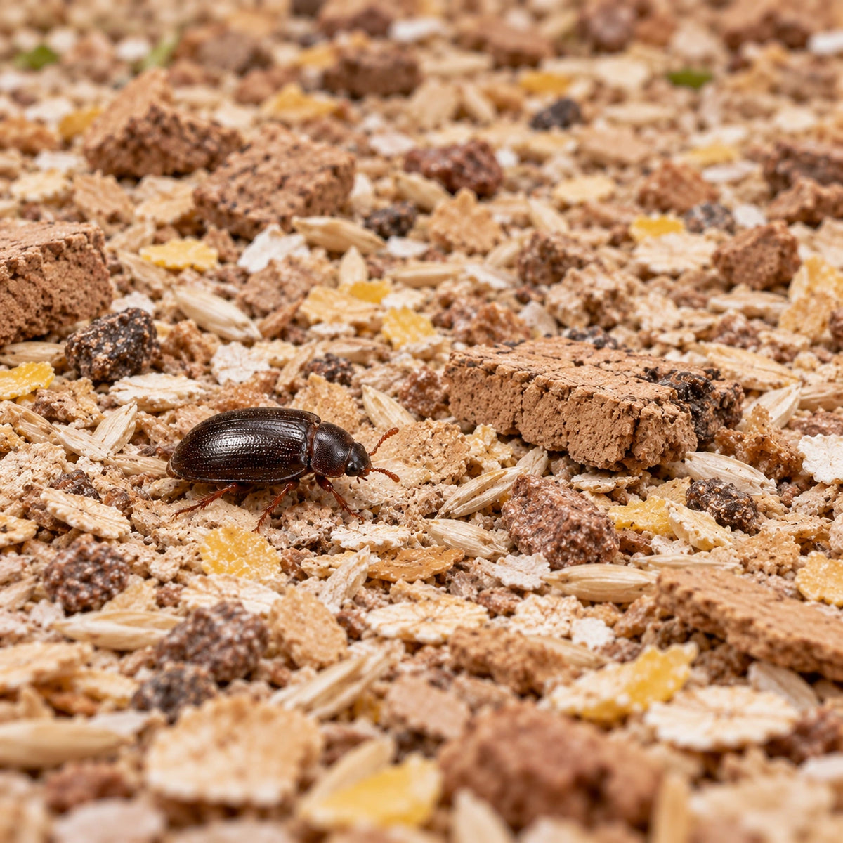 AI-generated reference-guided wide habitat view of buffalo beetle (Alphitobius diaperinus). Reference: gernotkunz, iNaturalist, CC BY-SA 3.0 https://creativecommons.org/licenses/by-sa/3.0/. AI adaptation: new habitat and framing.