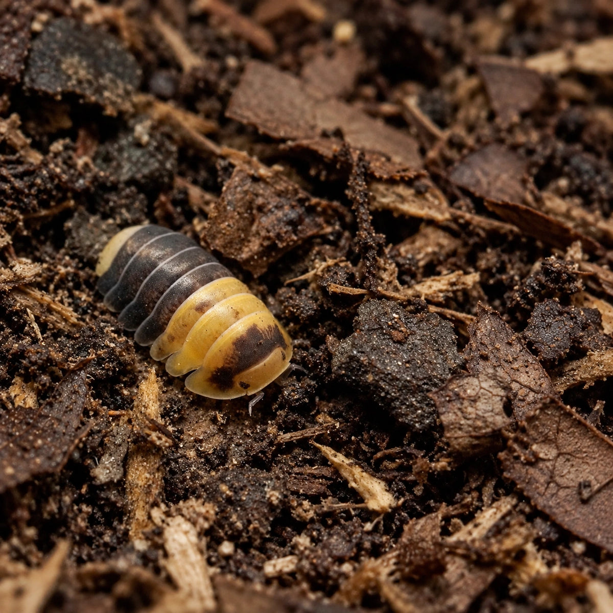 AI-generated reference-guided wide habitat view of a Cubaris Bumblebee isopod among leaf litter.
