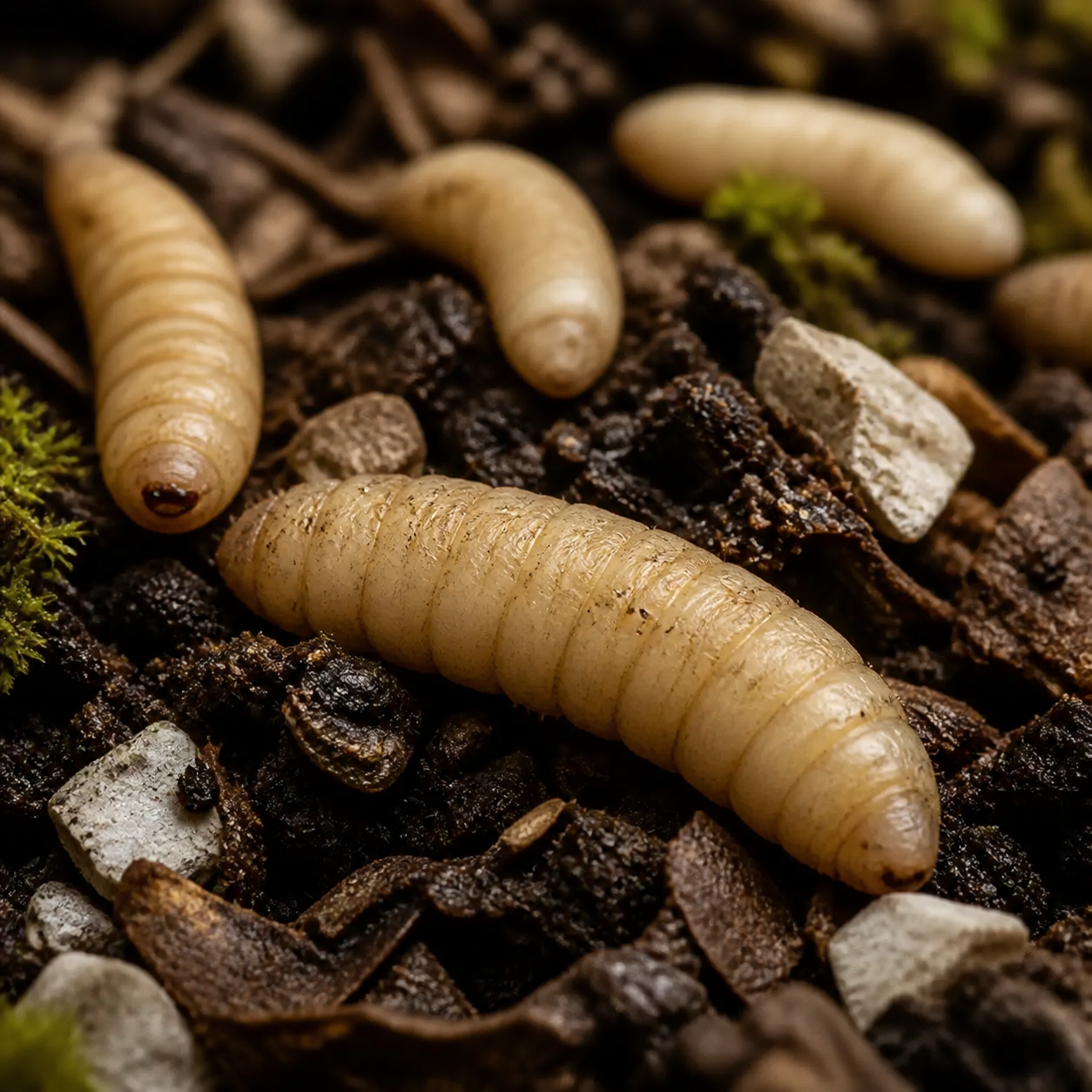 Live black soldier fly larvae in mineral-rich soil