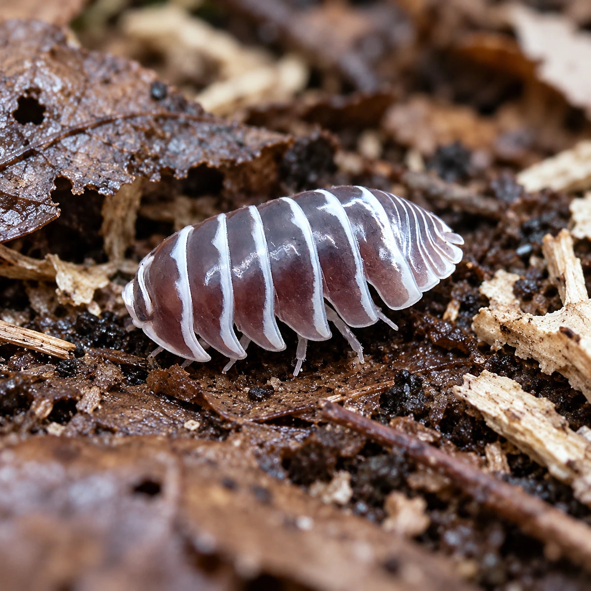 AI-generated reference-guided close view of Chocolate Zebra isopod.