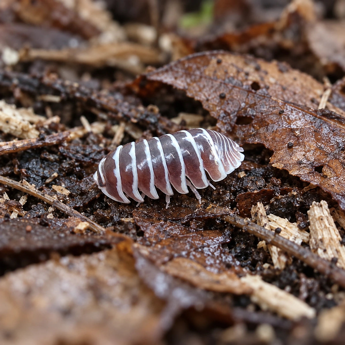 AI-generated reference-guided wide habitat view of Chocolate Zebra isopod.
