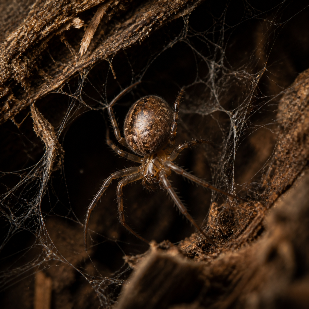 Cobweb spider (Parasteatoda tepidariorum) in an irregular three-dimensional web