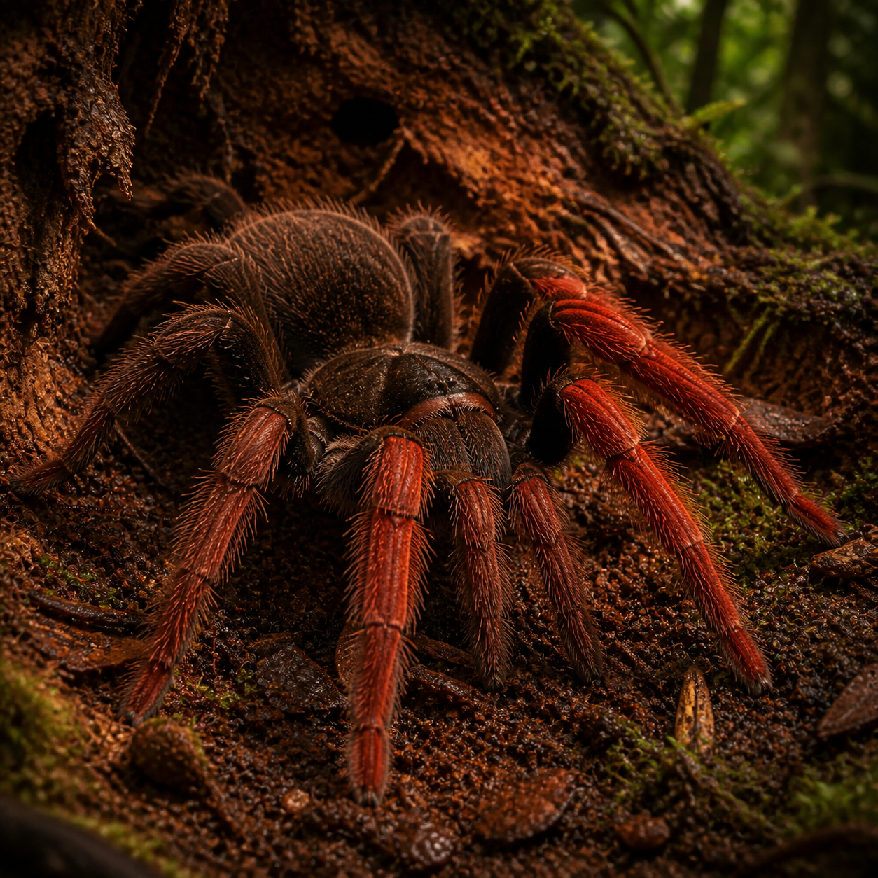 Colombian Giant Redleg tarantula (Megaphobema robustum) with red leg coloration