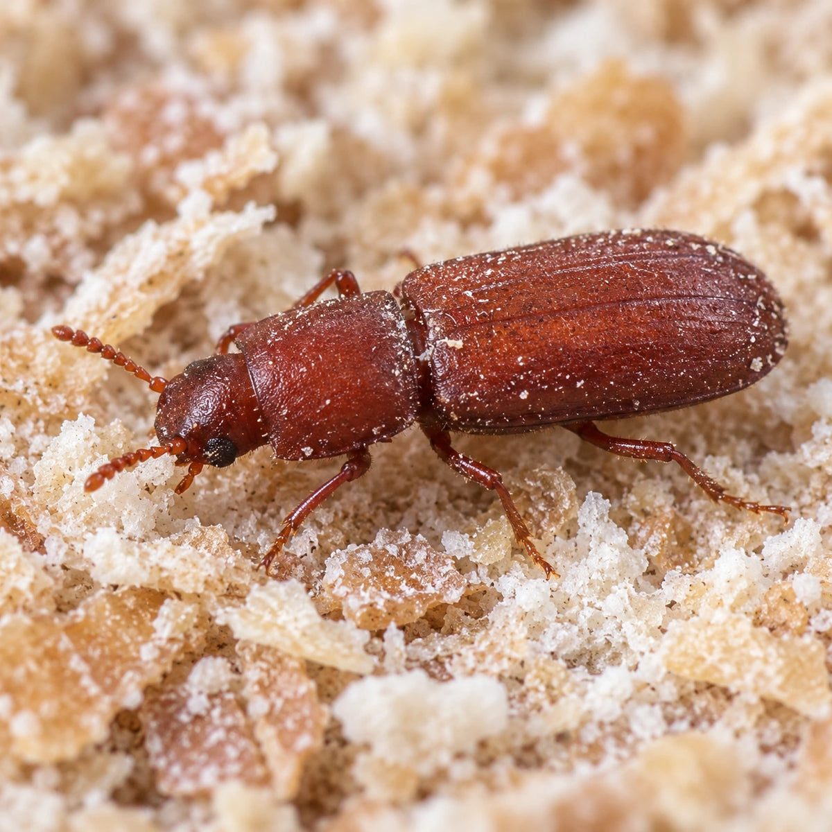 AI-generated reference-guided close view of confused flour beetle (Tribolium confusum). Reference: AfroBrazilian, Wikimedia Commons. Adapted with AI: new setting and framing. CC BY-SA 4.0, https://creativecommons.org/licenses/by-sa/4.0/.