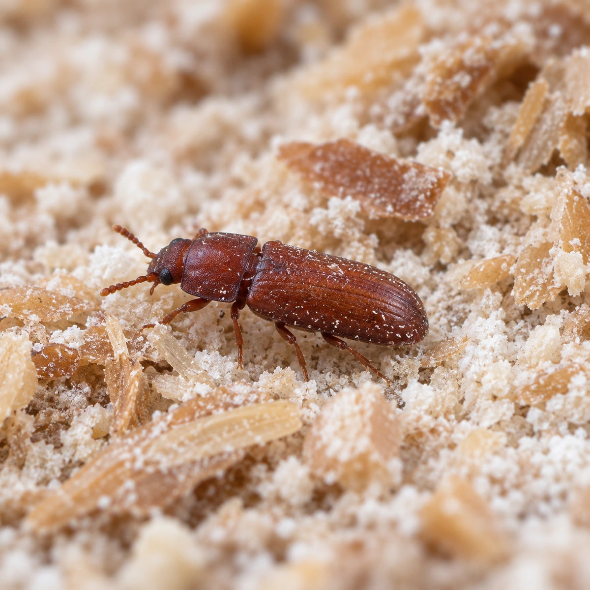 AI-generated reference-guided wide habitat view of confused flour beetle (Tribolium confusum). Reference: AfroBrazilian, Wikimedia Commons. Adapted with AI: new setting and framing. CC BY-SA 4.0, https://creativecommons.org/licenses/by-sa/4.0/.