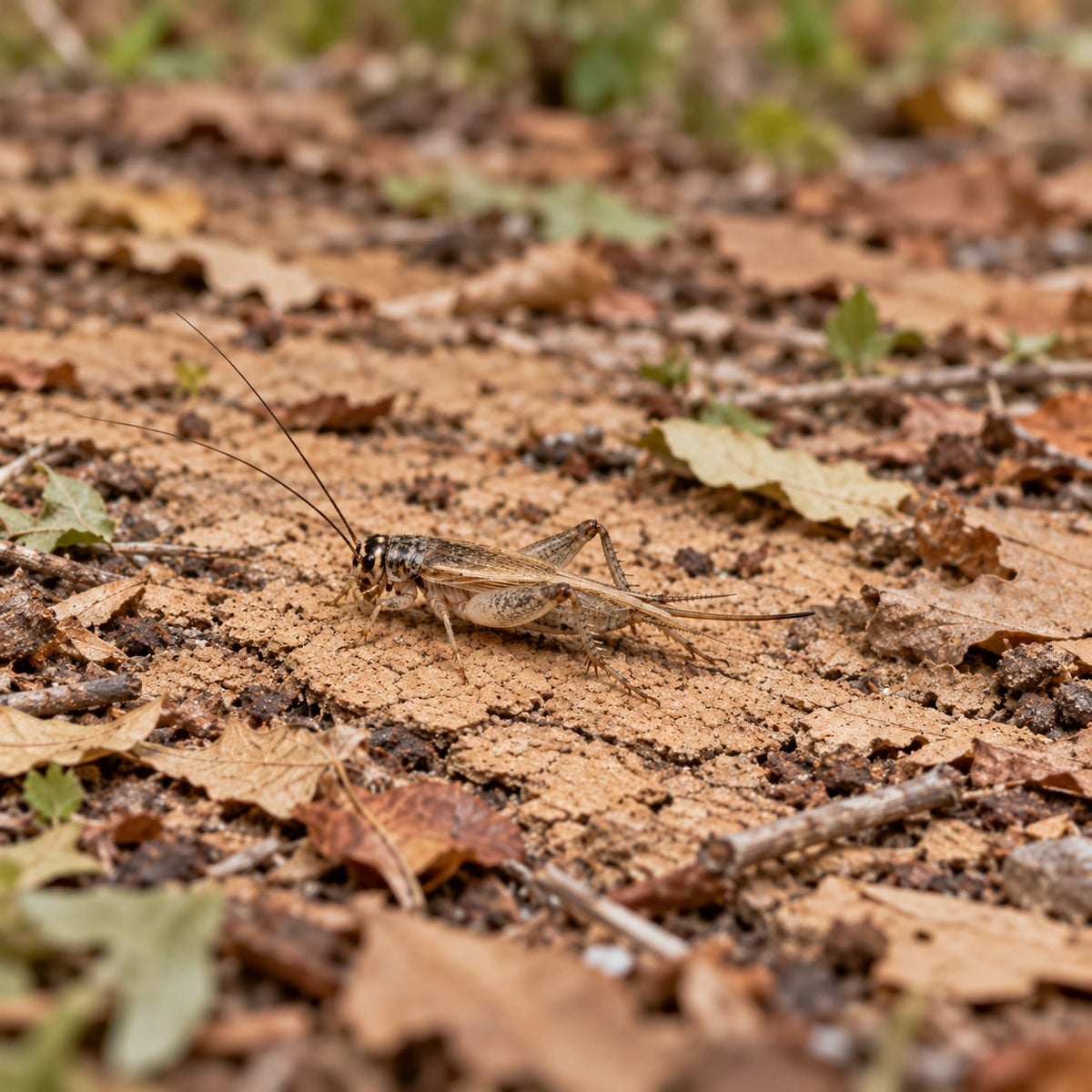 AI-generated reference-guided wide habitat view of adult house cricket (Acheta domesticus). Real anatomy references: Pyrgus.de and Paul M. Choate, UF/IFAS. AI-generated new habitat and framing.