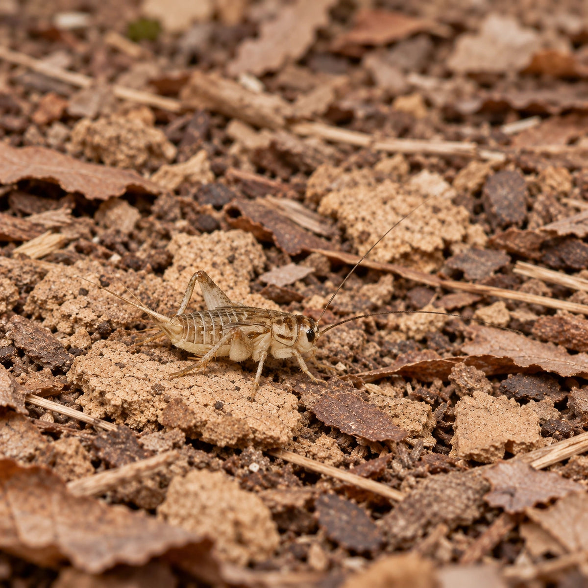 AI-generated reference-guided wide habitat view of medium house cricket nymph (Acheta domesticus). Real anatomy reference: Bio Supplies. AI-generated new habitat and framing.