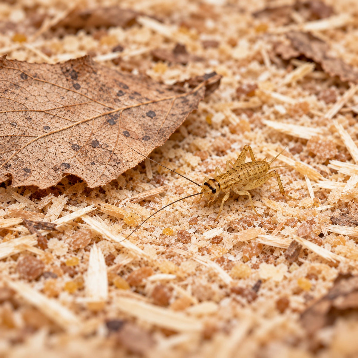 AI-generated reference-guided wide habitat view of early-instar house cricket (Acheta domesticus). Real early-instar anatomy reference: Anguana Herpetology. AI-generated new habitat and framing.