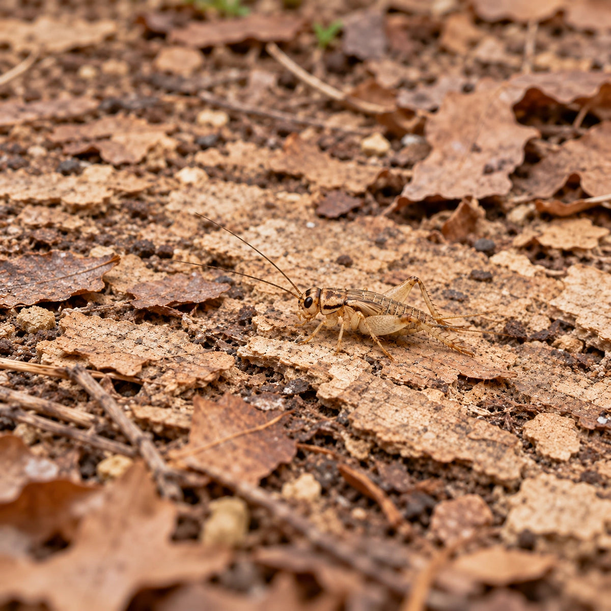 AI-generated reference-guided wide habitat view of small house cricket nymph (Acheta domesticus). Real anatomy reference: Cucci Zoo. AI-generated new habitat and framing.