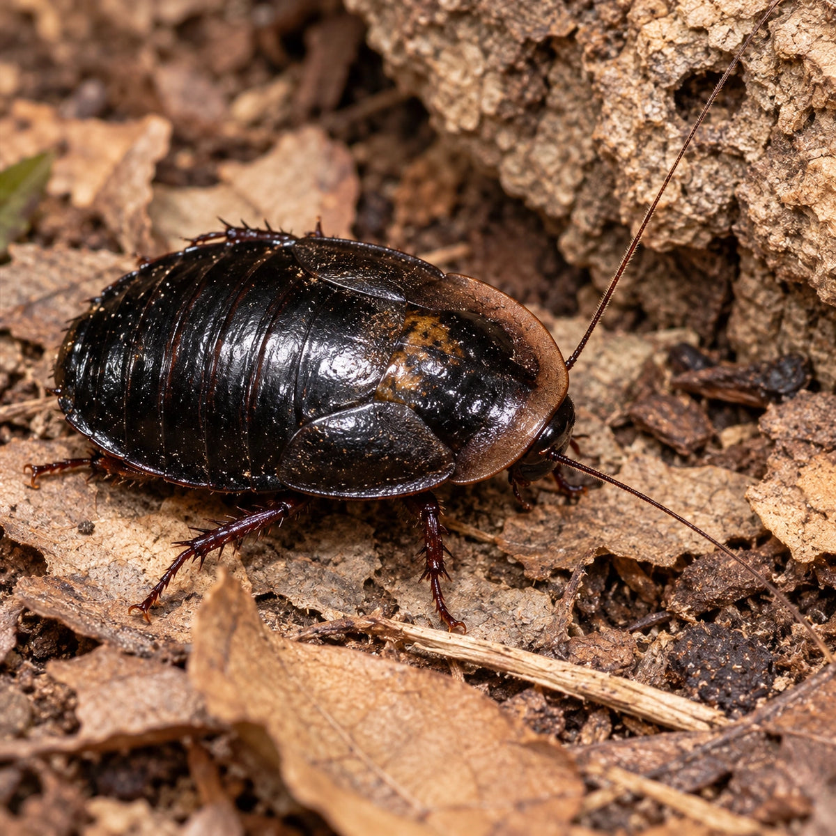 AI-generated reference-guided close view of adult female Cuban burrowing roach (Byrsotria fumigata). Real anatomy reference: Roach Crossing. AI-generated new habitat and framing.