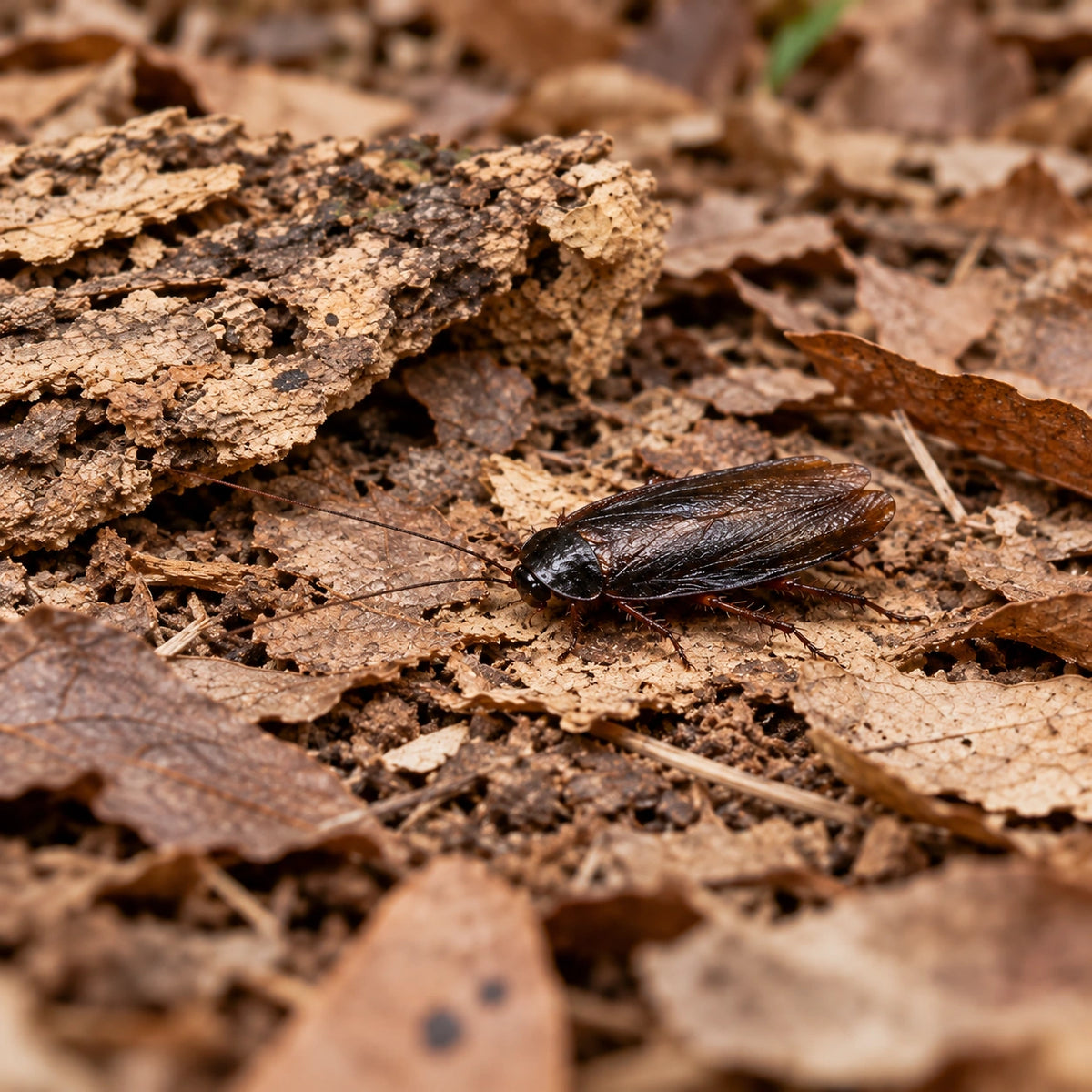 AI-generated reference-guided wide habitat view of adult male Cuban burrowing roach (Byrsotria fumigata). Real anatomy reference: Roach Crossing. AI-generated new habitat and framing.