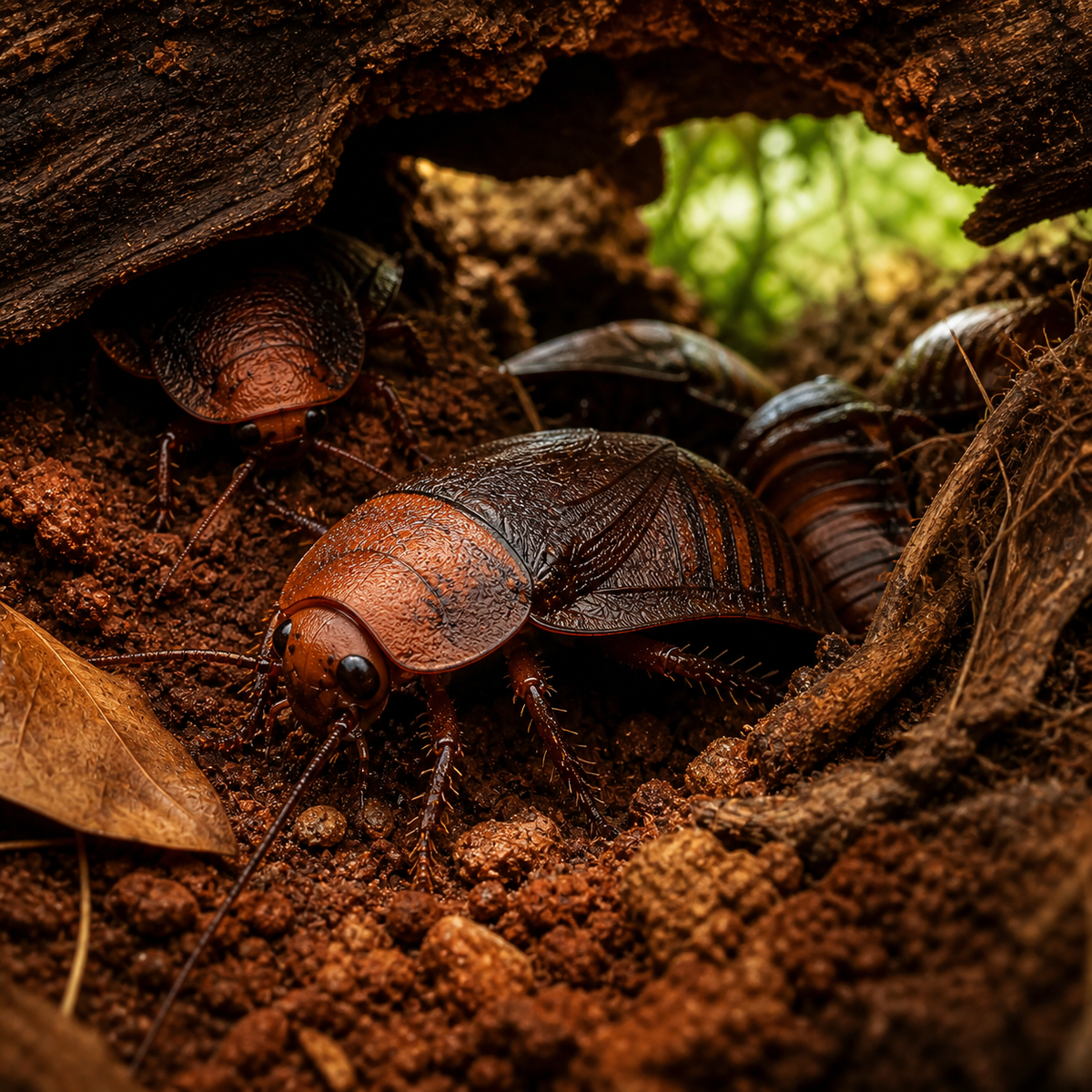 Cuban Burrowing roach (Byrsotria fumigata) emerging from natural substrate