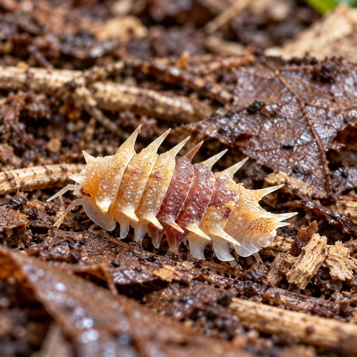 AI-generated reference-guided wide habitat view of Cuban Spiky isopod.