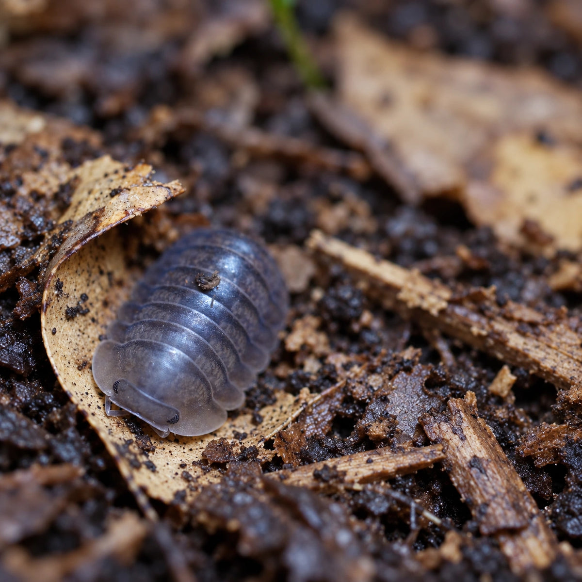 AI-generated reference-guided wide habitat view of a Blue Pigeon isopod on leaf litter.