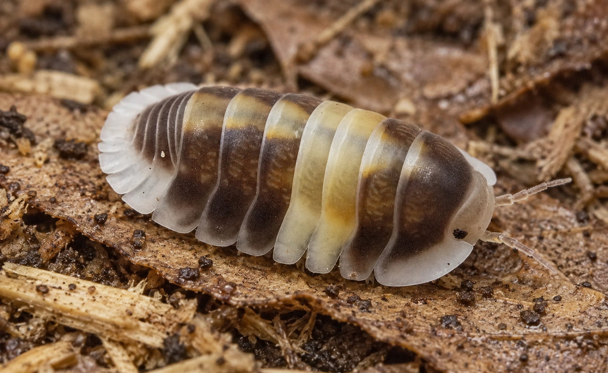 AI-generated reference-guided close view of a Cubaris Cappuccino isopod.