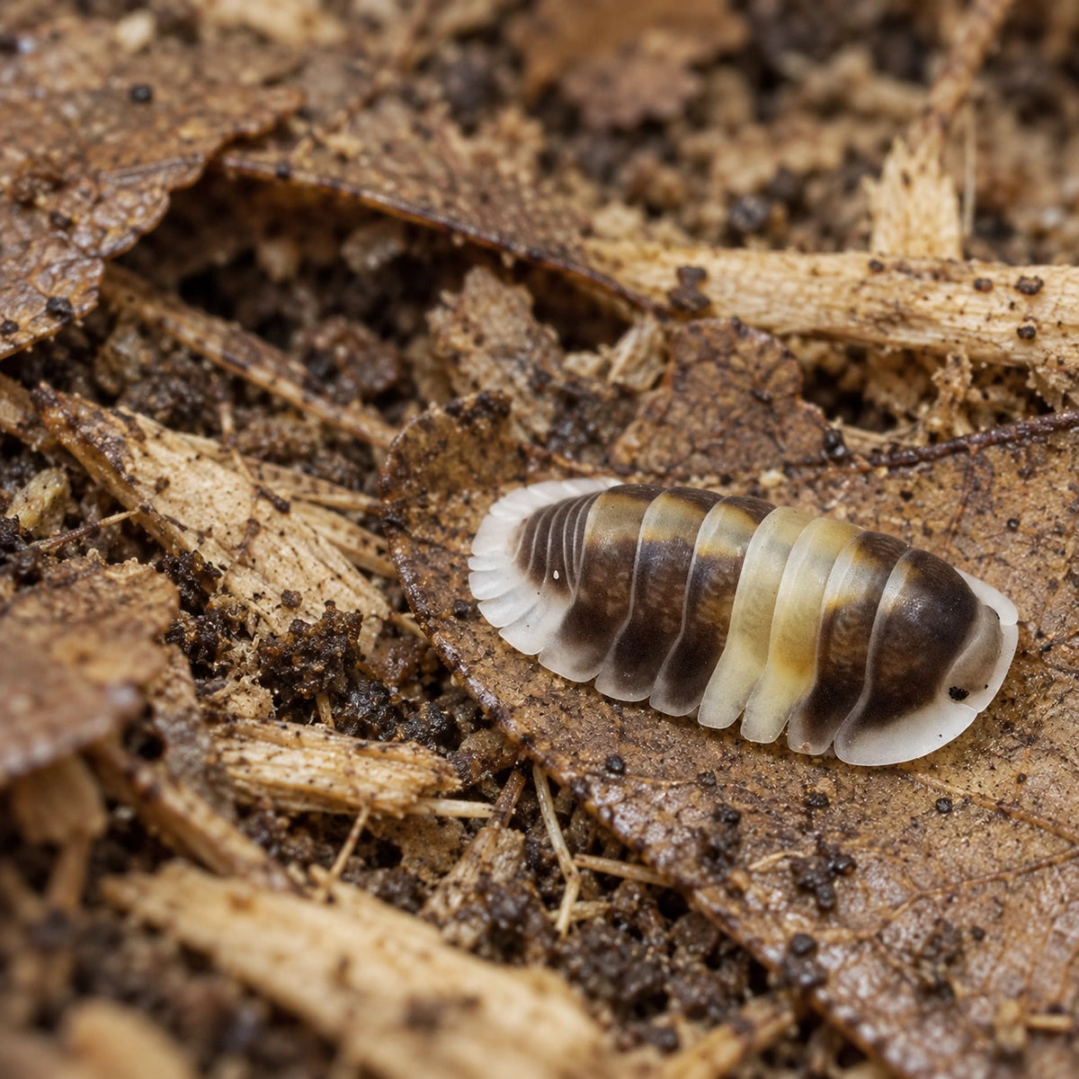AI-generated reference-guided wide habitat view of a Cubaris Cappuccino isopod.