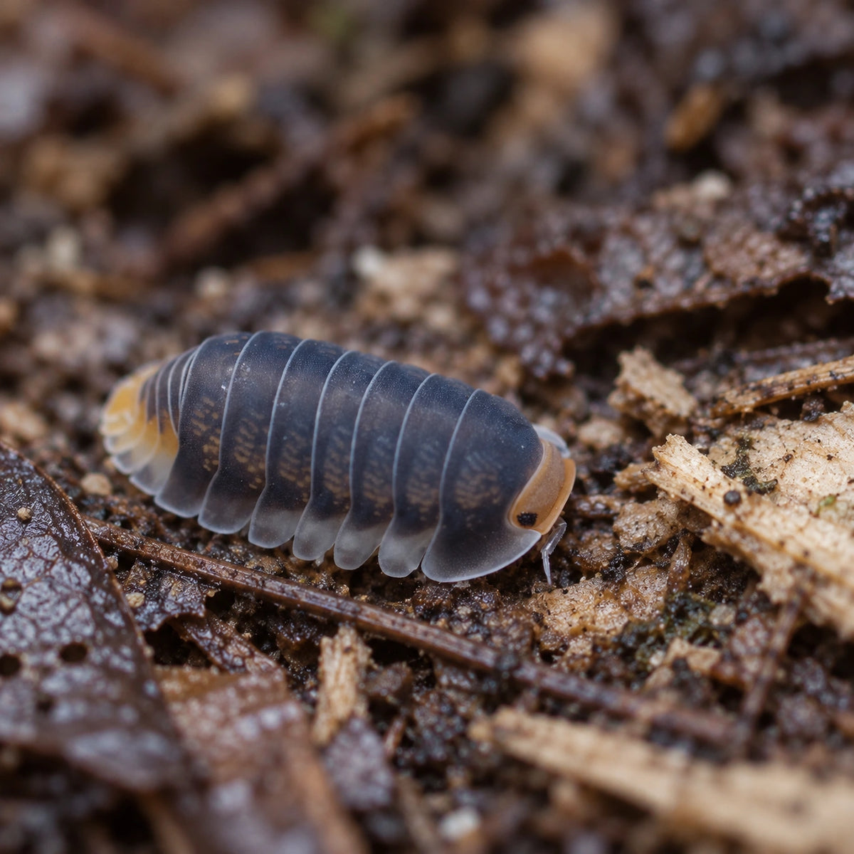 AI-generated reference-guided wide habitat view of a Pak Chong isopod among leaf litter.