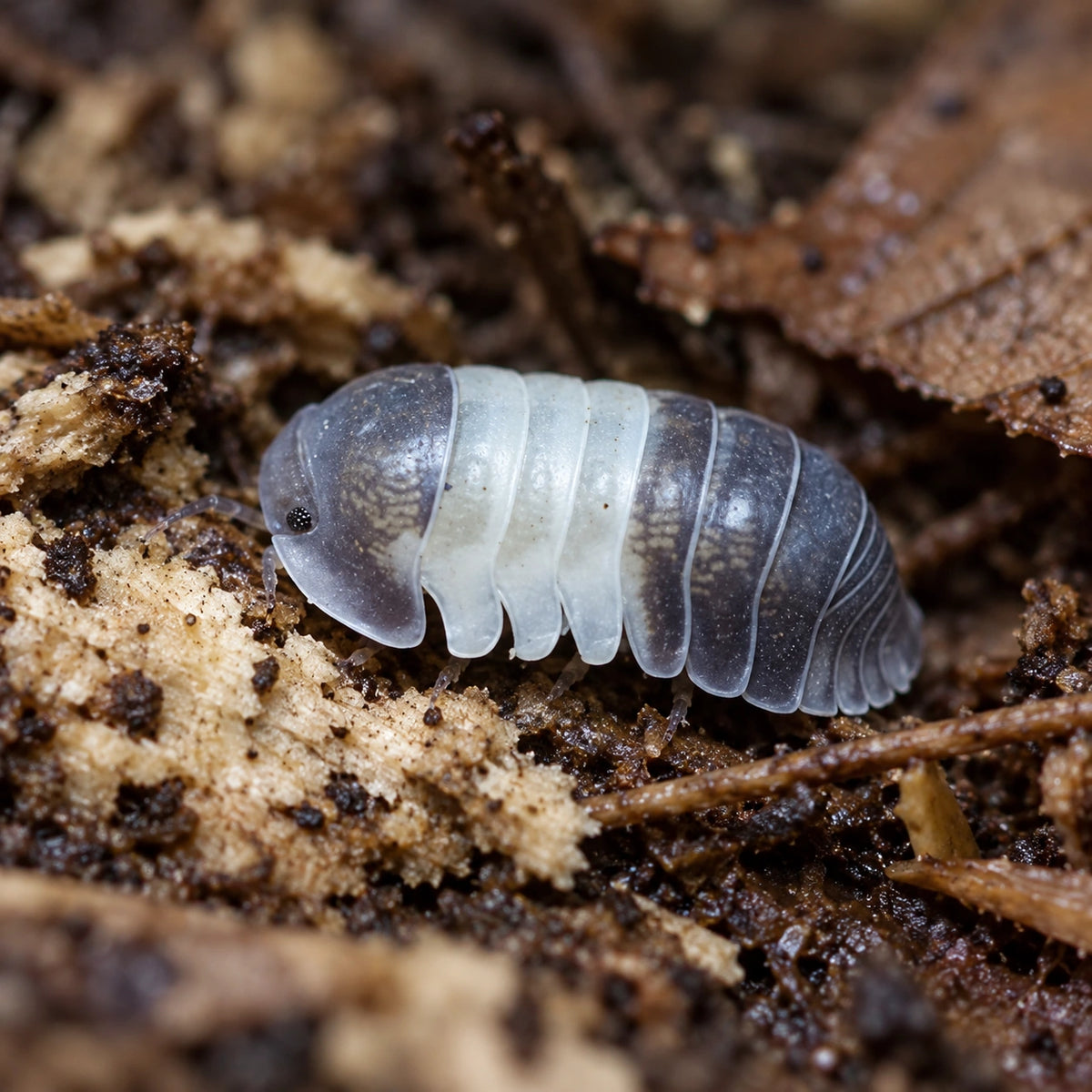 AI-generated reference-guided close side view of a Panda King isopod with a white central band.