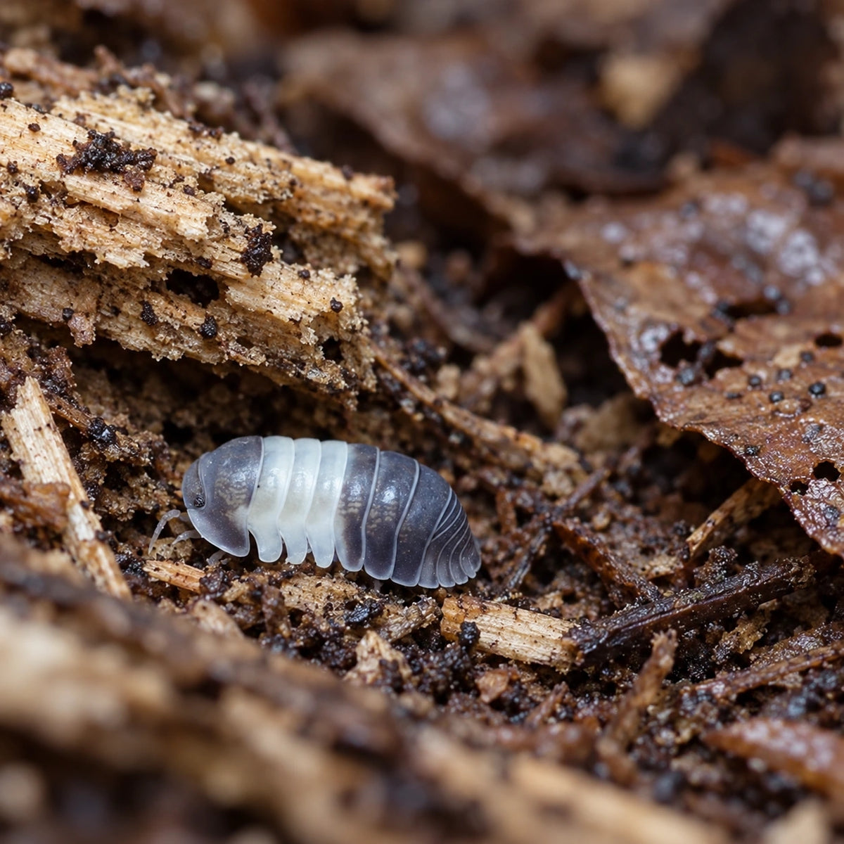 AI-generated reference-guided wide habitat view of a Panda King isopod among damp wood and leaf litter.