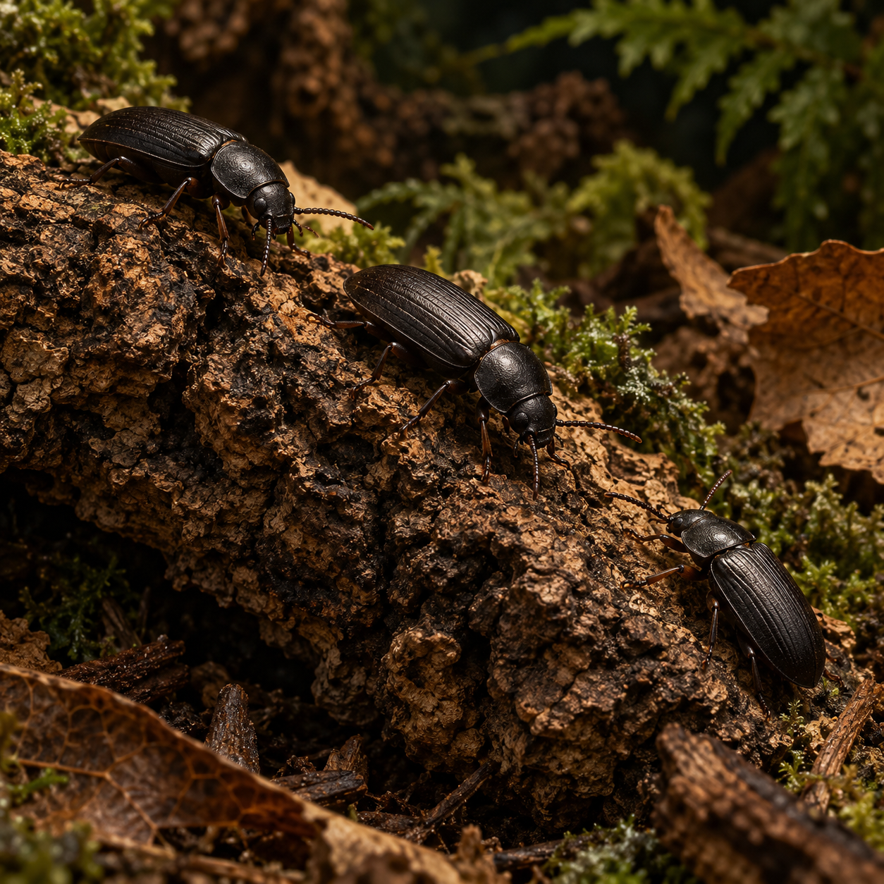 Mealworm Darkling Beetles – Free Shipping in a dark forest-floor scene