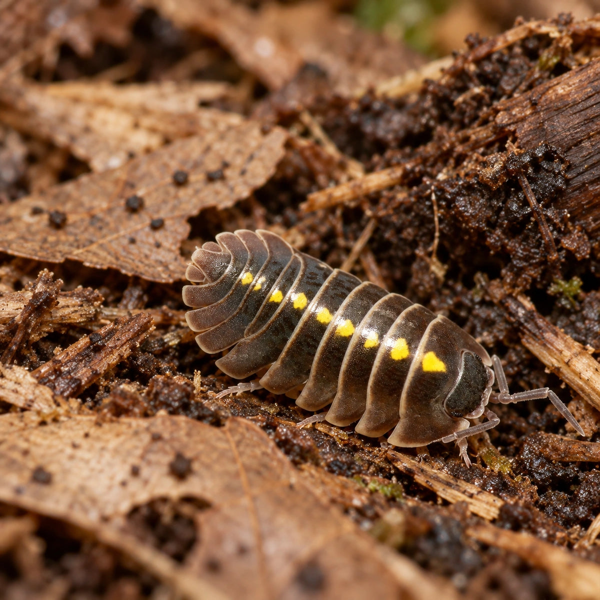 AI-generated reference-guided wide habitat view of Darth Vader isopod (Armadillidium germanicum).