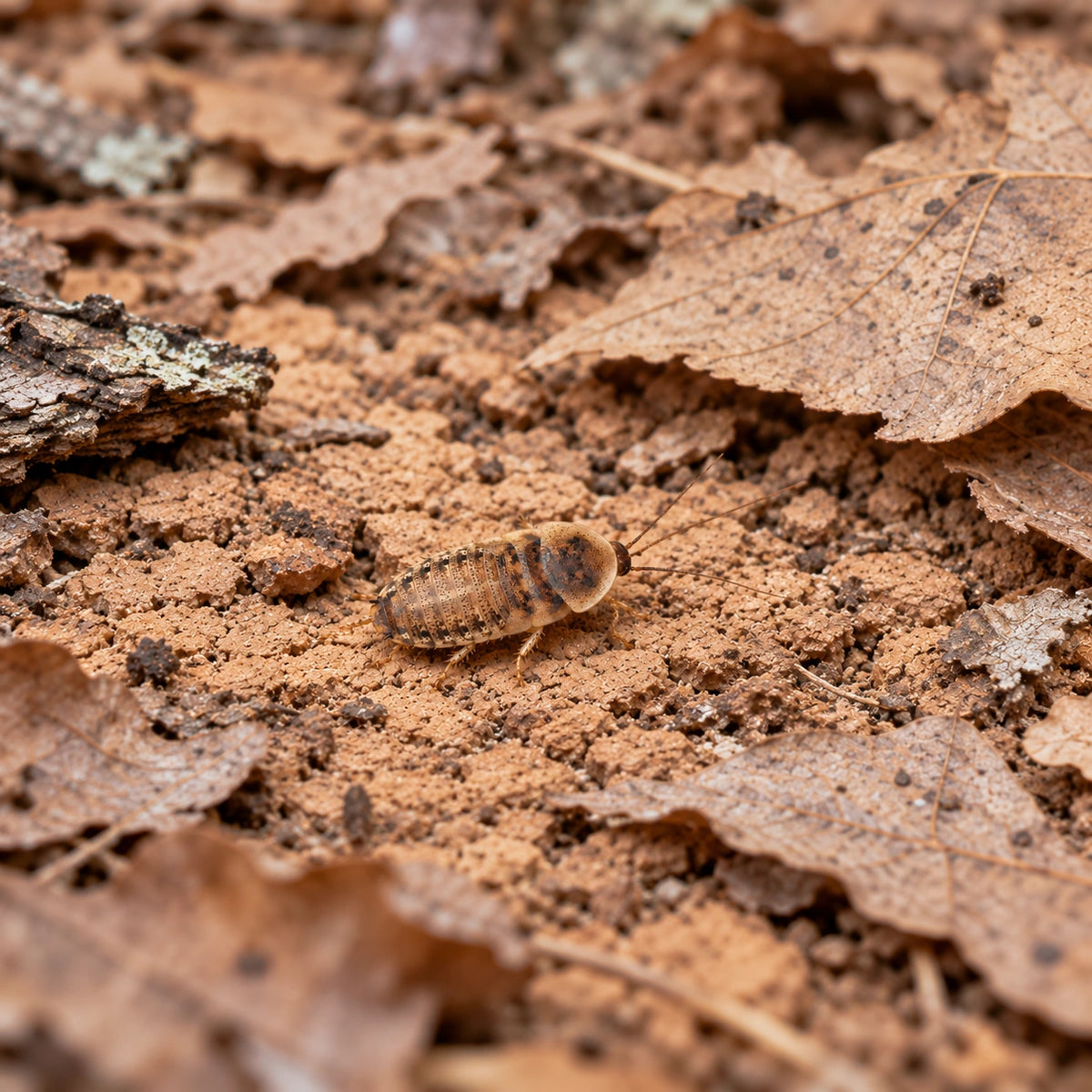 AI-generated reference-guided wide habitat view of dubia roach nymph (Blaptica dubia). Real anatomy reference: MorphMarket. AI-generated new habitat and framing.