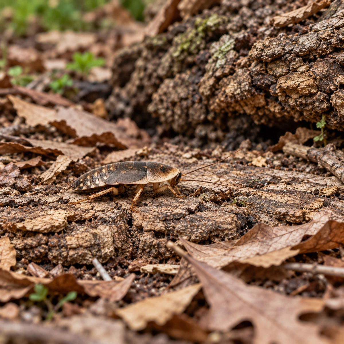 AI-generated reference-guided wide habitat view of adult female dubia roach (Blaptica dubia). Real adult anatomy reference: BioTerr. AI-generated new habitat and framing.