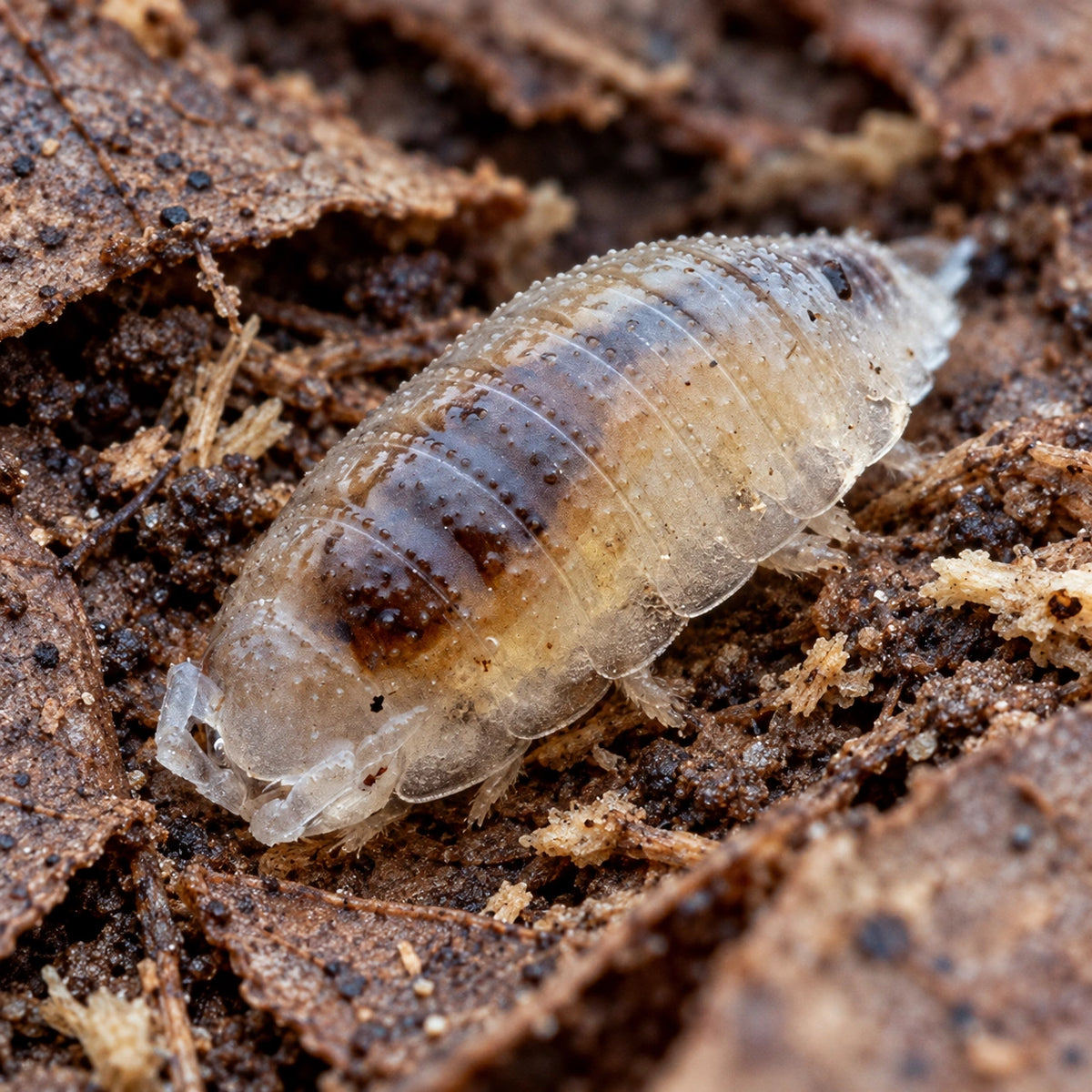 AI-generated reference-guided close view of Dwarf White isopods.