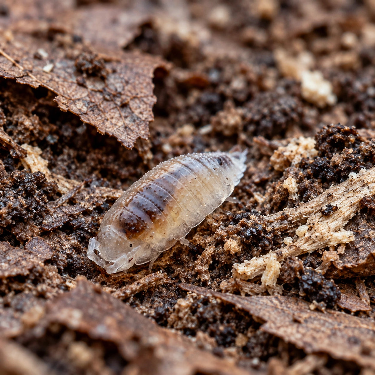 AI-generated reference-guided wide habitat view of Dwarf White isopods.