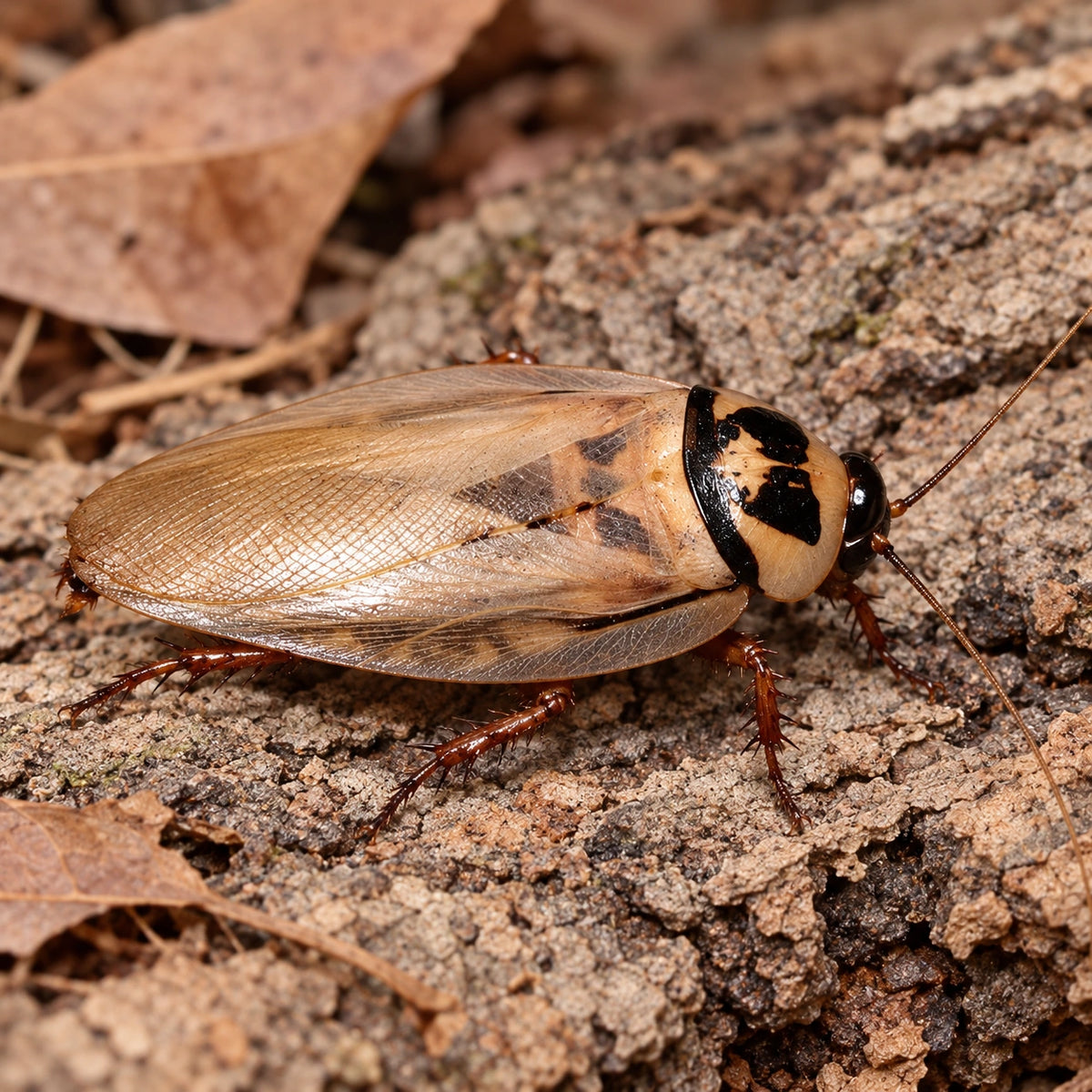 AI-generated reference-guided close view of ivory head roach (Eublaberus distanti). Real anatomy reference: Roach Crossing. AI-generated new habitat and framing.
