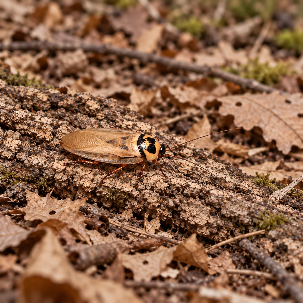 AI-generated reference-guided wide habitat view of ivory head roach (Eublaberus distanti). Real anatomy reference: Roach Crossing. AI-generated new habitat and framing.