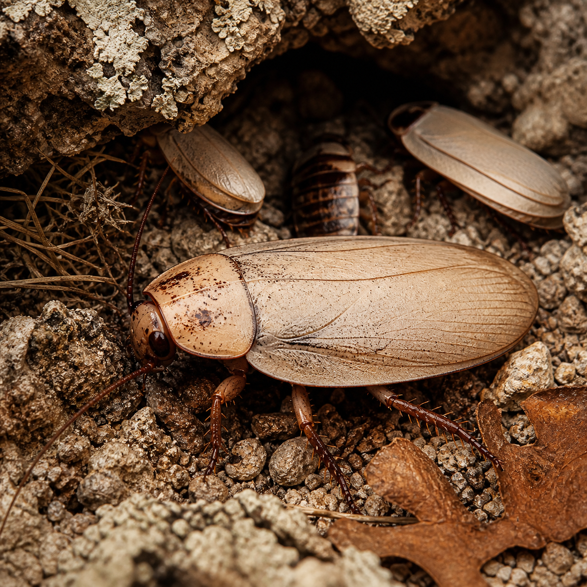 Eublaberus distanti Ivory roach in a natural cork-bark colony habitat
