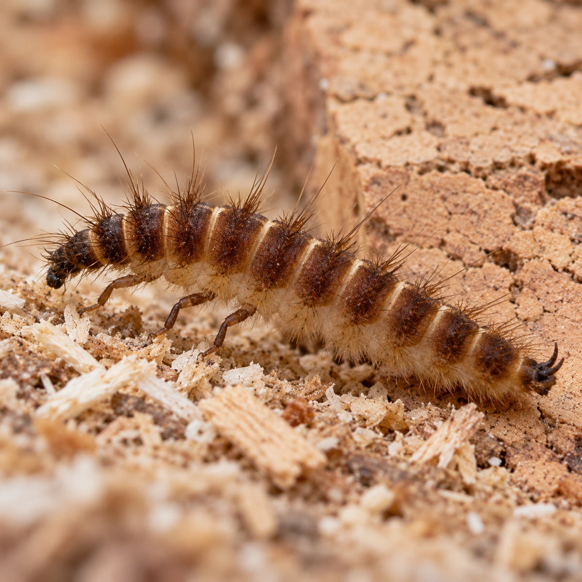 AI-generated reference-guided close view of dermestid beetle larva (Dermestes maculatus). Real anatomy reference: Lyle J. Buss and Brianna Shaver, University of Florida. AI-generated new habitat and framing.