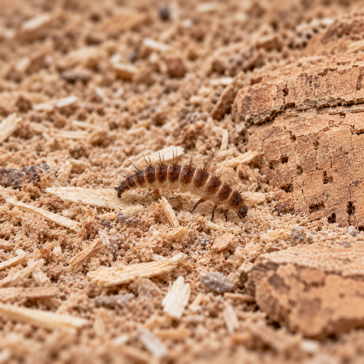 AI-generated reference-guided wide habitat view of dermestid beetle larva (Dermestes maculatus). Real anatomy reference: Lyle J. Buss and Brianna Shaver, University of Florida. AI-generated new habitat and framing.